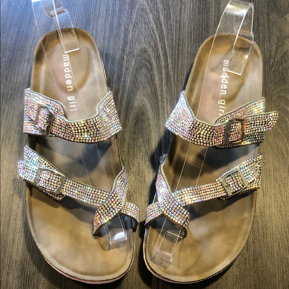 Madden Girl Iridescent Rhinestone Buckle Sandals - Multi
